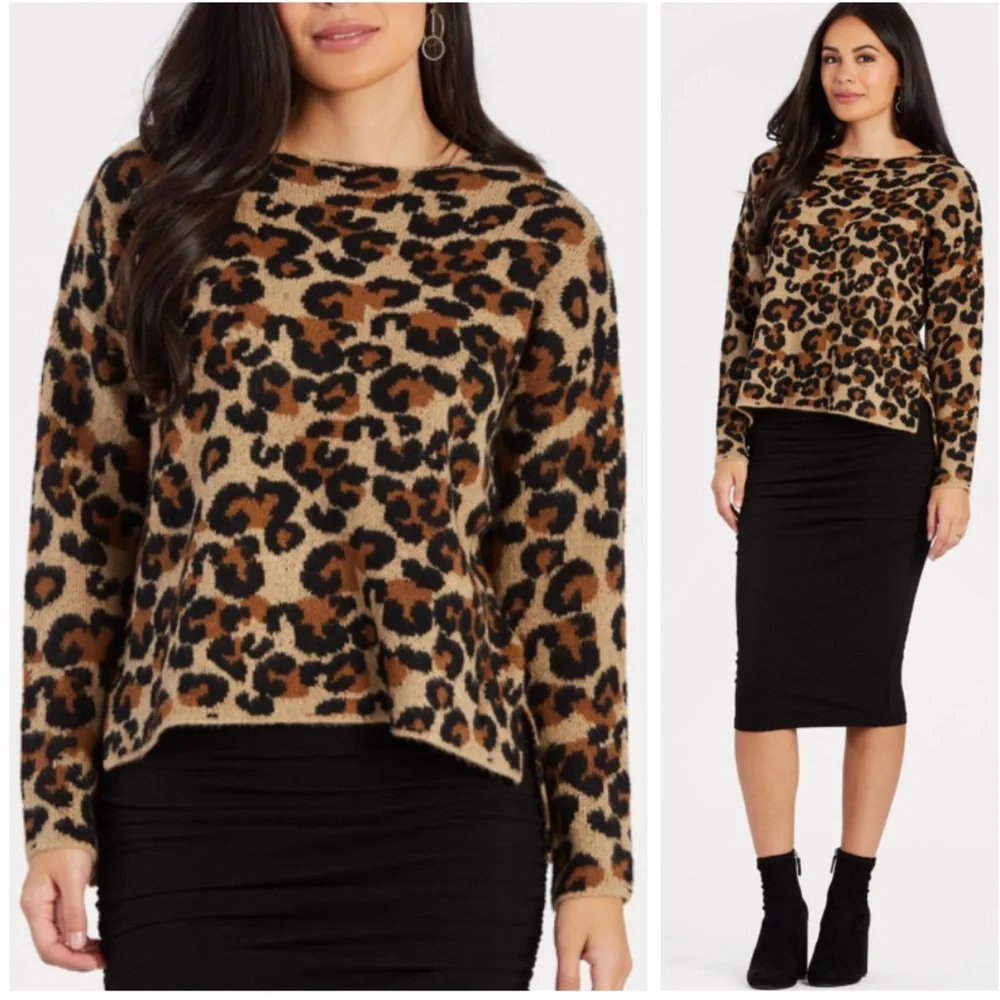 Jamison Soft Leopard Boho Print High Low Slouchy Sweater